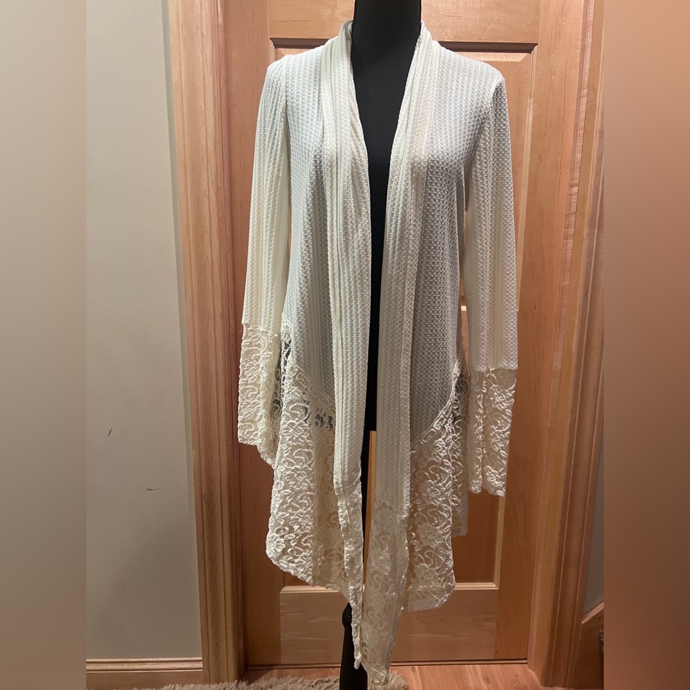 Knox Rose Boho Cottagecore Ivory Waffle Knit Cardigan with Lace Open Front S